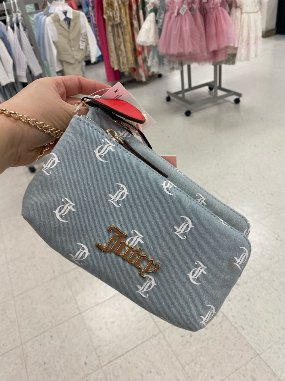 Juicy Couture Light Blue Monogram Double Zip Wristlet with Gold Logo